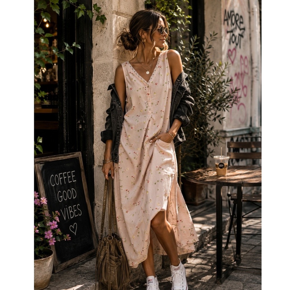 Anne Lewin New York Pink Floral 100% Cotton Nightgown Sleeveless Lace Trim Large